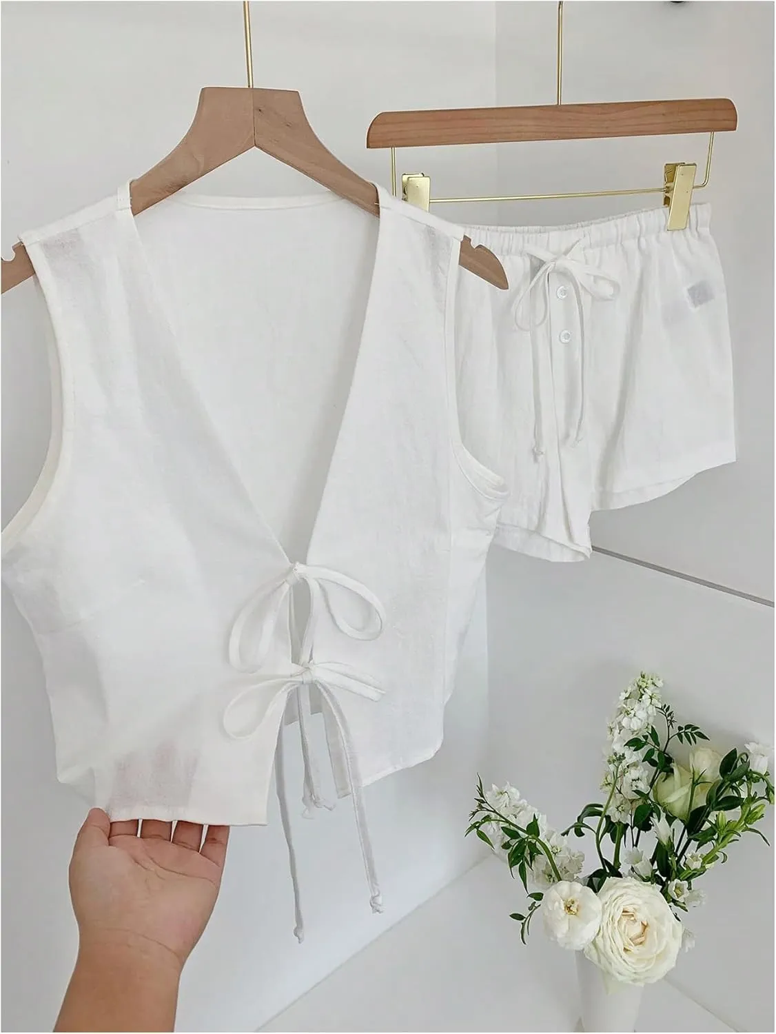 SHENHE Women's Summer 2 Piece Outfits Tie Front Vest Tank and Shorts Set Resort Travel Clothes