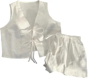 SHENHE Women's Summer 2 Piece Outfits Tie Front Vest Tank and Shorts Set Resort Travel Clothes