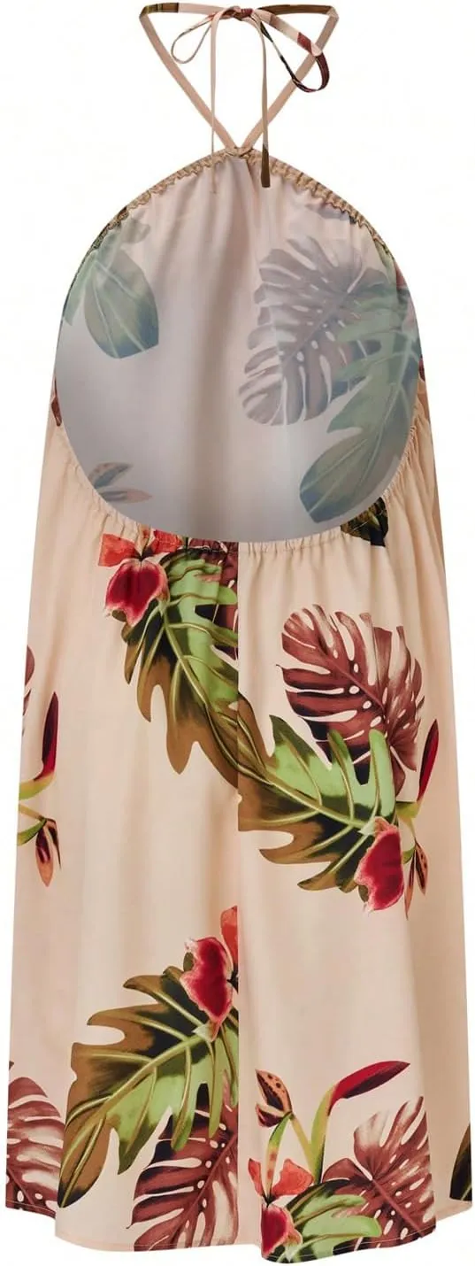 SHENHE Women's Summer Halter Neck Backless Tropical Dress Swing Boho Vacation Sundress