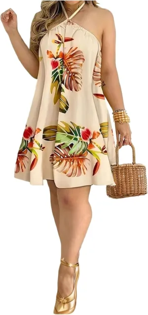 SHENHE Women's Summer Halter Neck Backless Tropical Dress Swing Boho Vacation Sundress