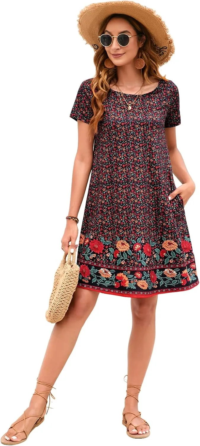 Sherosa Women's Summer Dresses 2025 Beach Boho Sundress Short Sleeve Loose Casual Tshirt Dress with Pockets