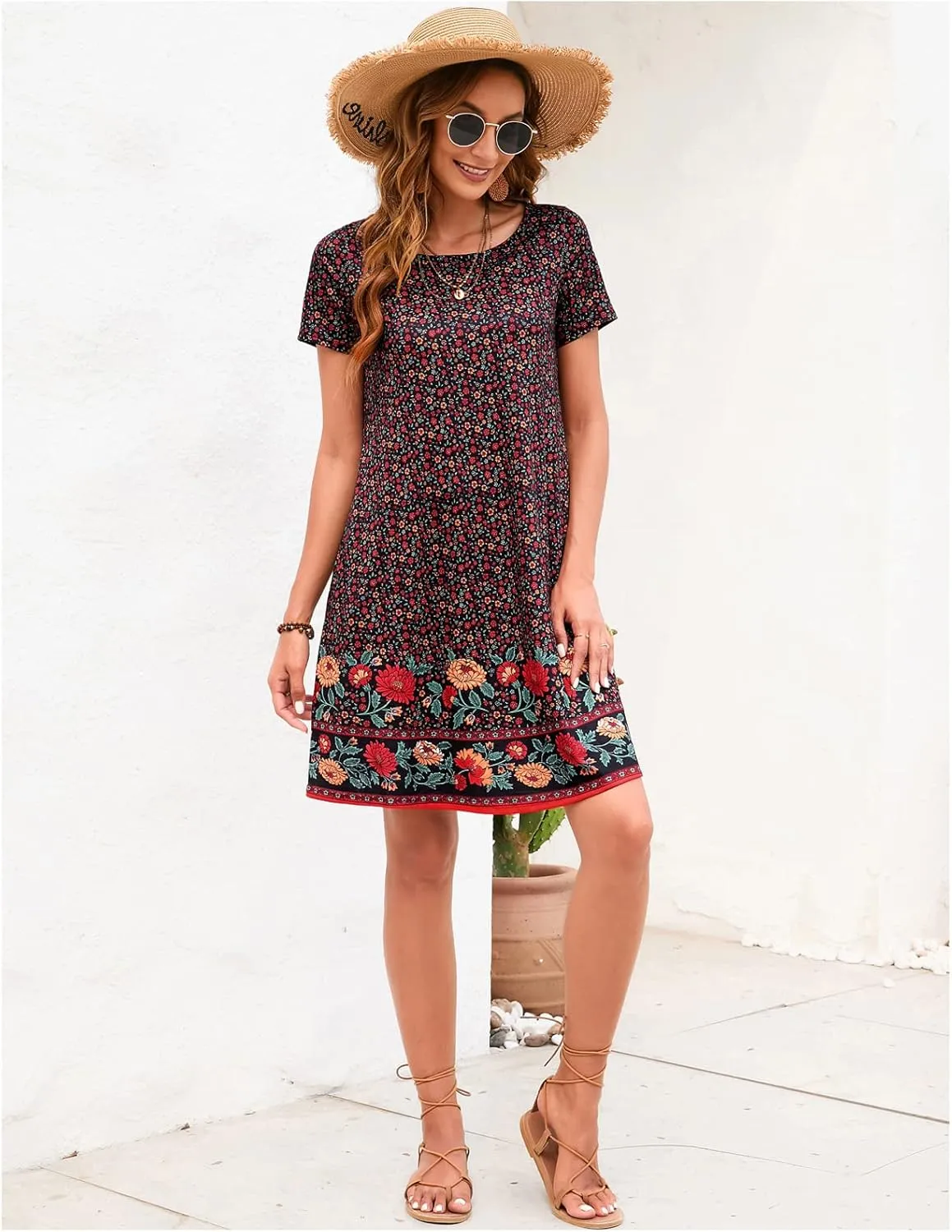 Sherosa Women's Summer Dresses 2025 Beach Boho Sundress Short Sleeve Loose Casual Tshirt Dress with Pockets