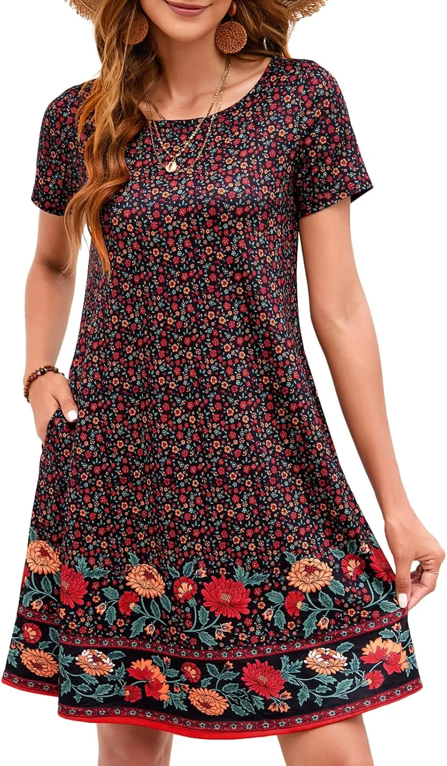 Sherosa Women's Summer Dresses 2025 Beach Boho Sundress Short Sleeve Loose Casual Tshirt Dress with Pockets