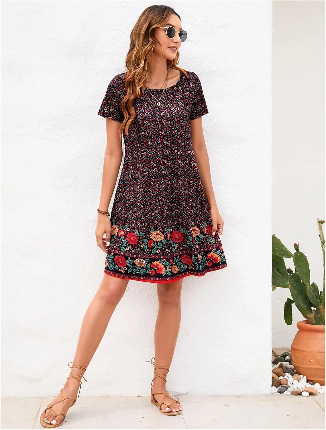 Sherosa Women's Summer Dresses 2025 Beach Boho Sundress Short Sleeve Loose Casual Tshirt Dress with Pockets