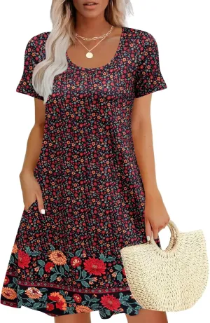 Sherosa Women's Summer Dresses 2025 Beach Boho Sundress Short Sleeve Loose Casual Tshirt Dress with Pockets