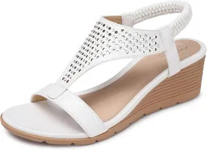 SHIBEVER Womens Sandals Wedge Low: Elastic Ankle Strap Wedge Sandals - Dressy Sandals Women - Comfortable Open Toe