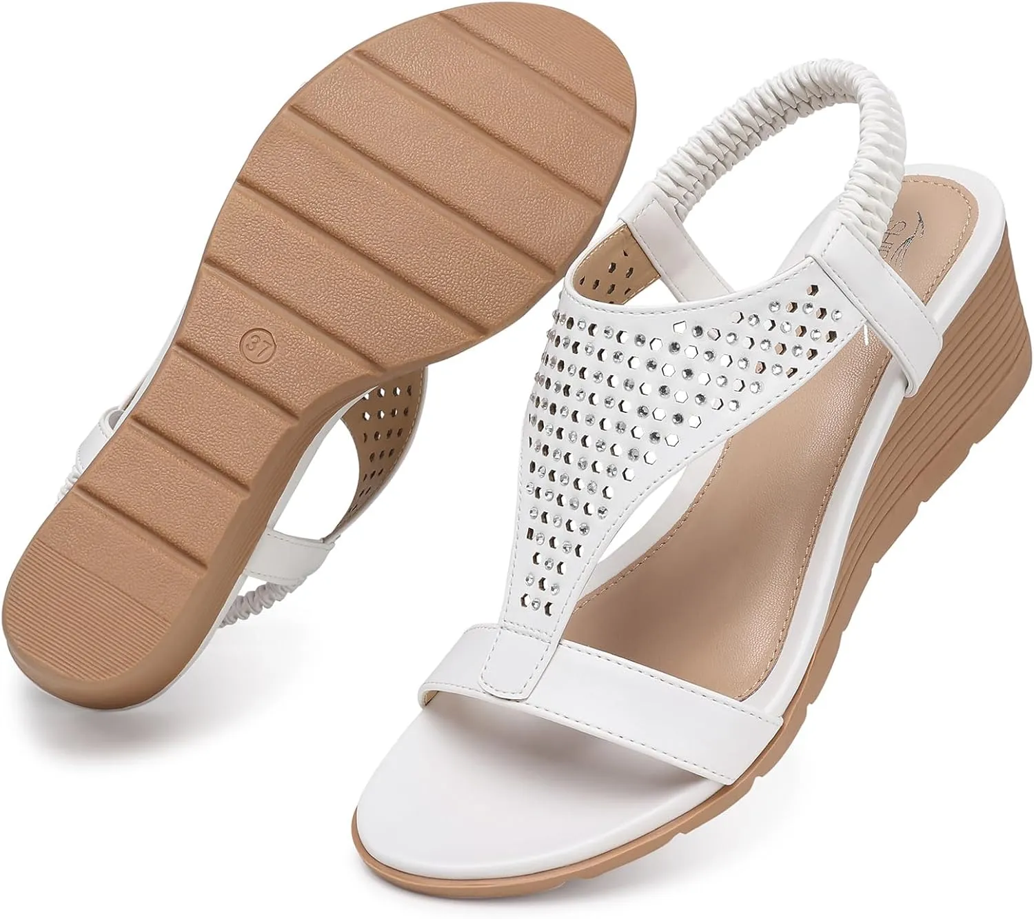 SHIBEVER Womens Sandals Wedge Low: Elastic Ankle Strap Wedge Sandals - Dressy Sandals Women - Comfortable Open Toe