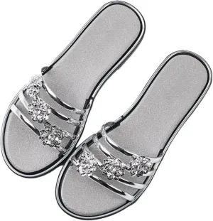 Shiny Diamond black flat Slide Sandals for Women Flip-flops Slip-On Fashionable Slippers for Summer Vacation