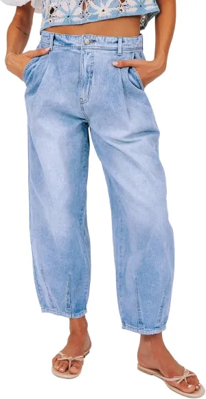 Sidefeel Women's Jeans Mid Rise Stretchy Wide Leg Baggy Jeans Trendy Loose Boyfriend Zimbaplatinum Ankle Denim Pants