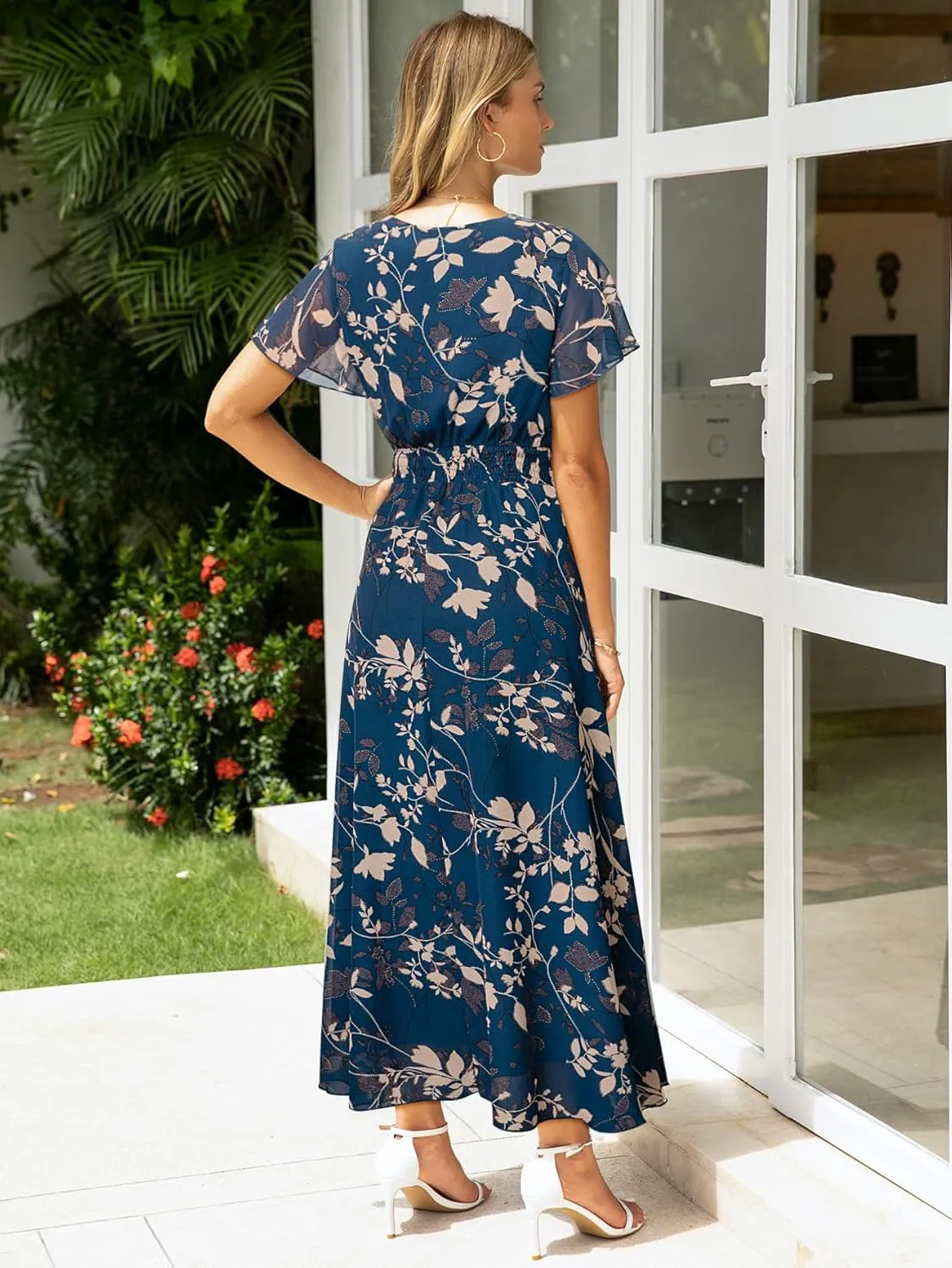 Simplee Womens Floral Maxi Dress - Short Sleeve Summer Boho Wedding Guest Dress Empire Waist Chiffon Modest Midi Dresses