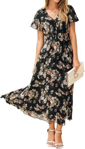 Simplee Womens Floral Maxi Dress - Short Sleeve Summer Boho Wedding Guest Dress Empire Waist Chiffon Modest Midi Dresses
