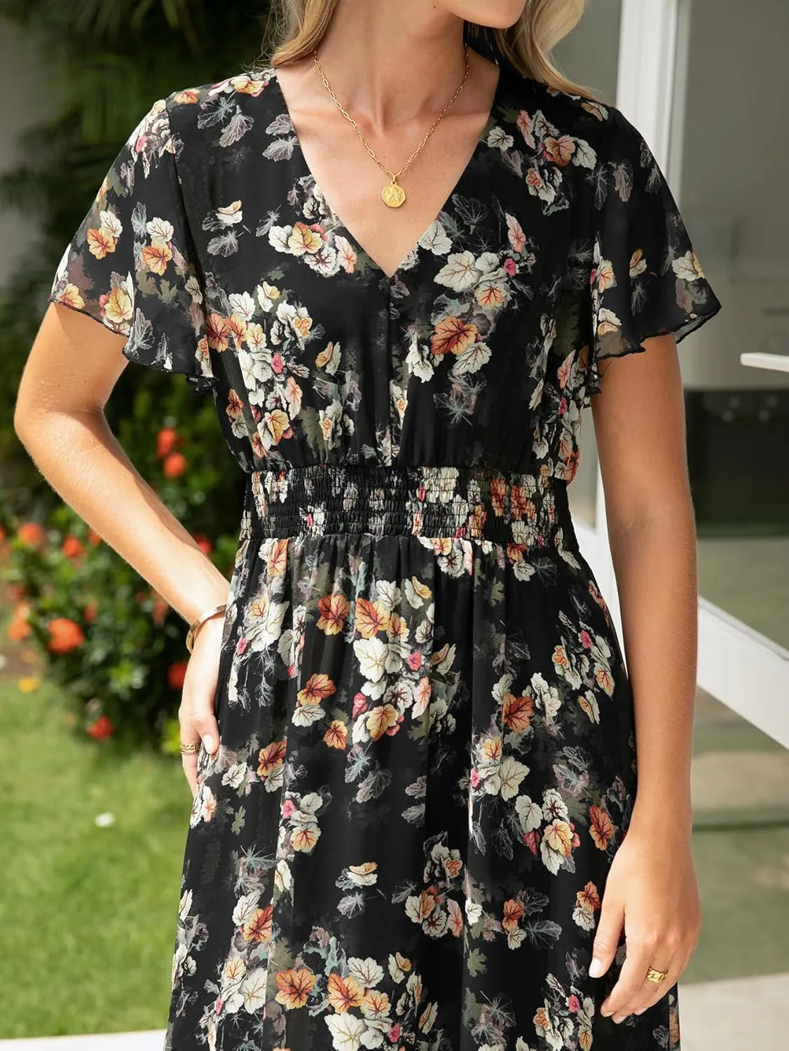 Simplee Womens Floral Maxi Dress - Short Sleeve Summer Boho Wedding Guest Dress Empire Waist Chiffon Modest Midi Dresses