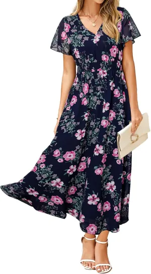 Simplee Womens Floral Maxi Dress - Short Sleeve Summer Boho Wedding Guest Dress Empire Waist Chiffon Modest Midi Dresses