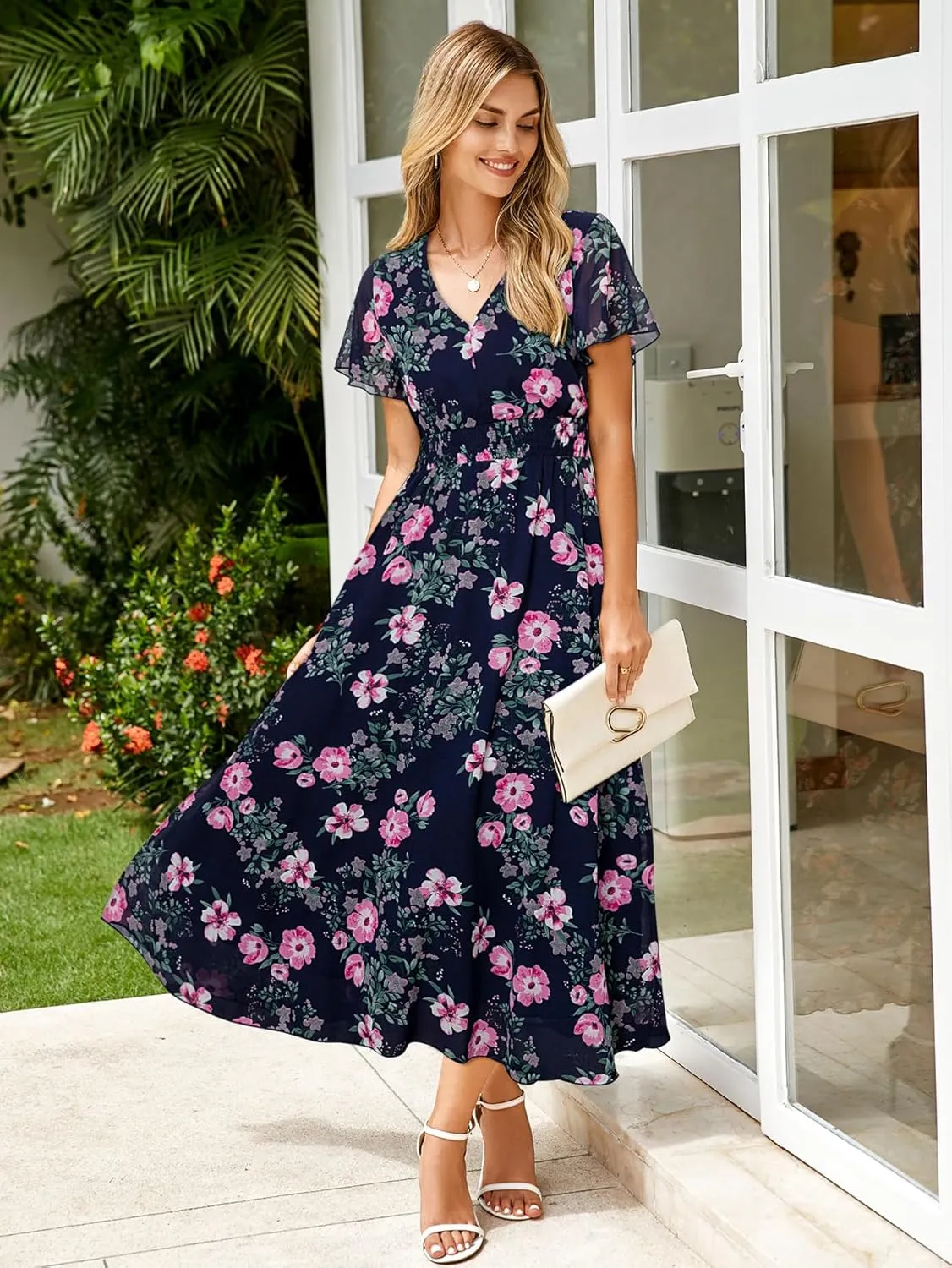 Simplee Womens Floral Maxi Dress - Short Sleeve Summer Boho Wedding Guest Dress Empire Waist Chiffon Modest Midi Dresses