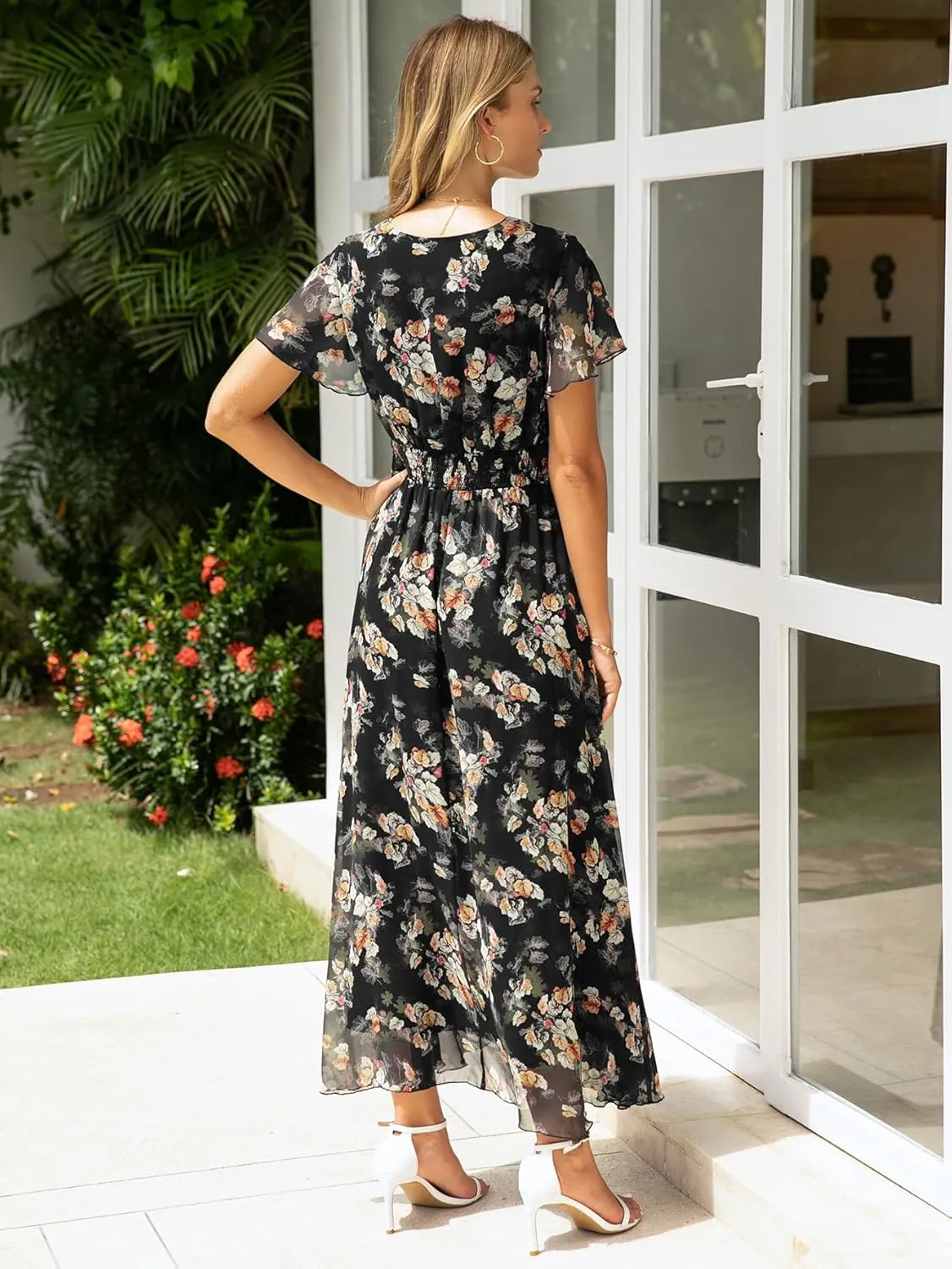 Simplee Womens Floral Maxi Dress - Short Sleeve Summer Boho Wedding Guest Dress Empire Waist Chiffon Modest Midi Dresses