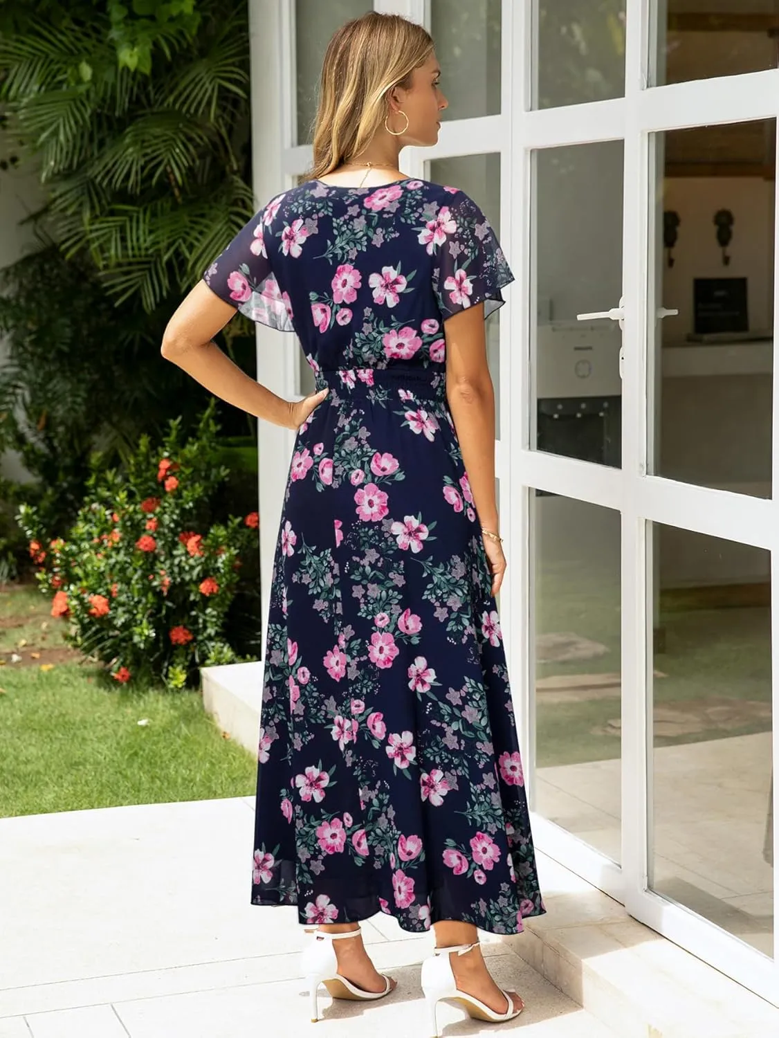 Simplee Womens Floral Maxi Dress - Short Sleeve Summer Boho Wedding Guest Dress Empire Waist Chiffon Modest Midi Dresses