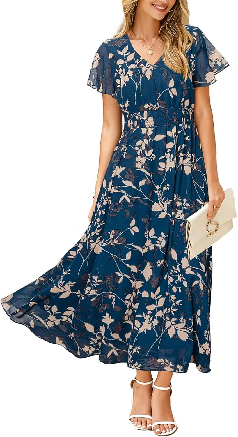 Simplee Womens Floral Maxi Dress - Short Sleeve Summer Boho Wedding Guest Dress Empire Waist Chiffon Modest Midi Dresses