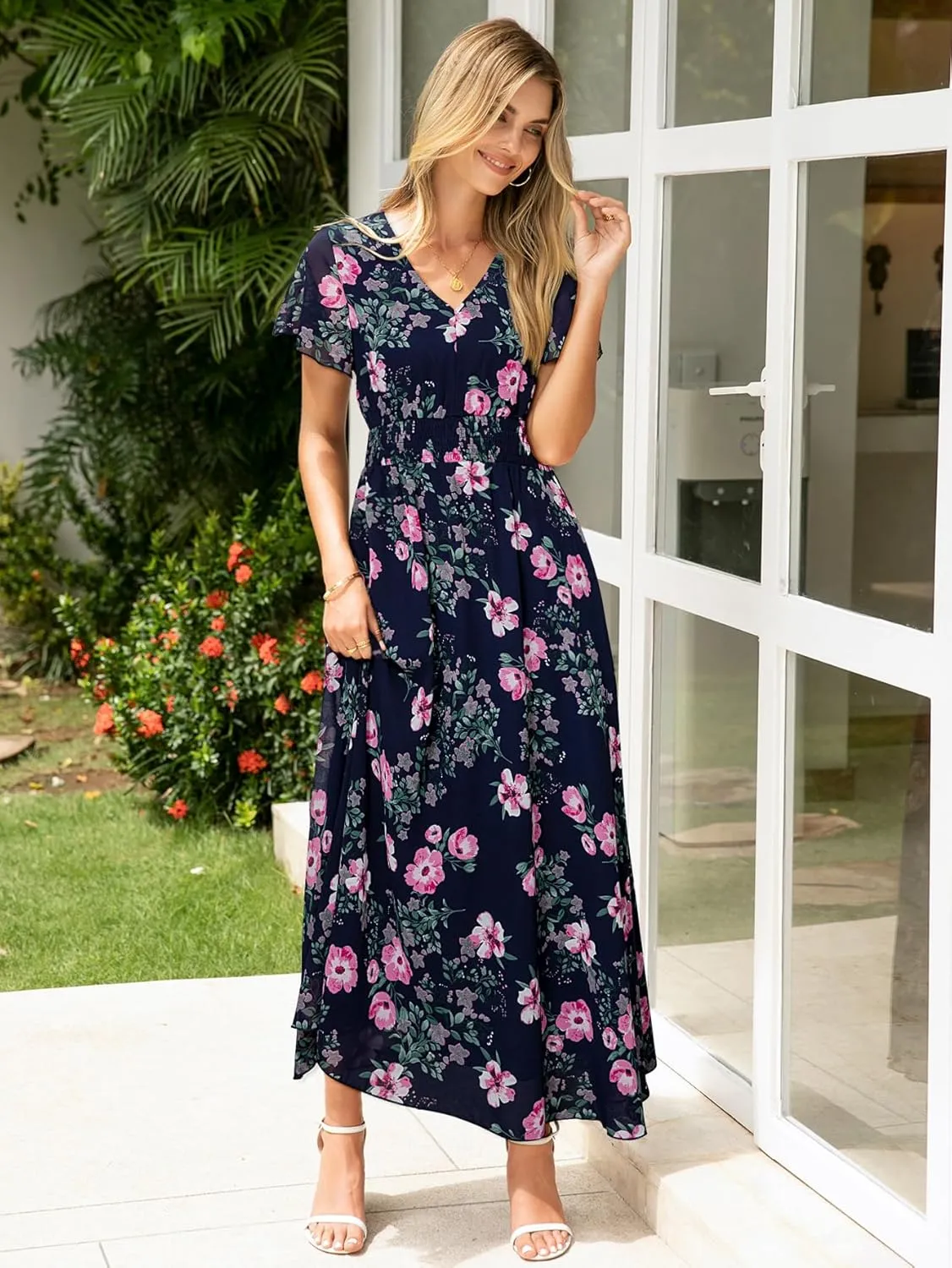 Simplee Womens Floral Maxi Dress - Short Sleeve Summer Boho Wedding Guest Dress Empire Waist Chiffon Modest Midi Dresses