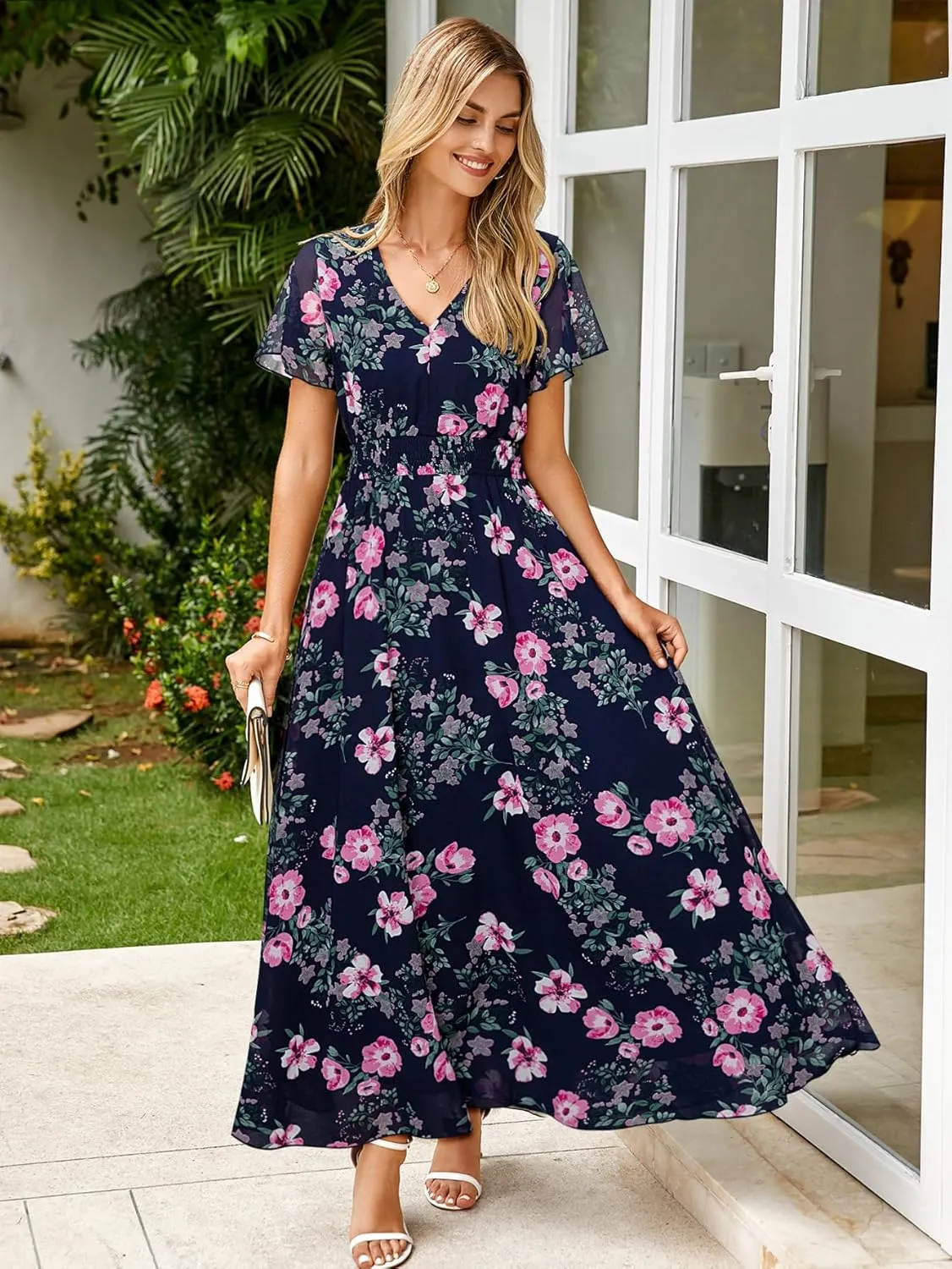 Simplee Womens Floral Maxi Dress - Short Sleeve Summer Boho Wedding Guest Dress Empire Waist Chiffon Modest Midi Dresses