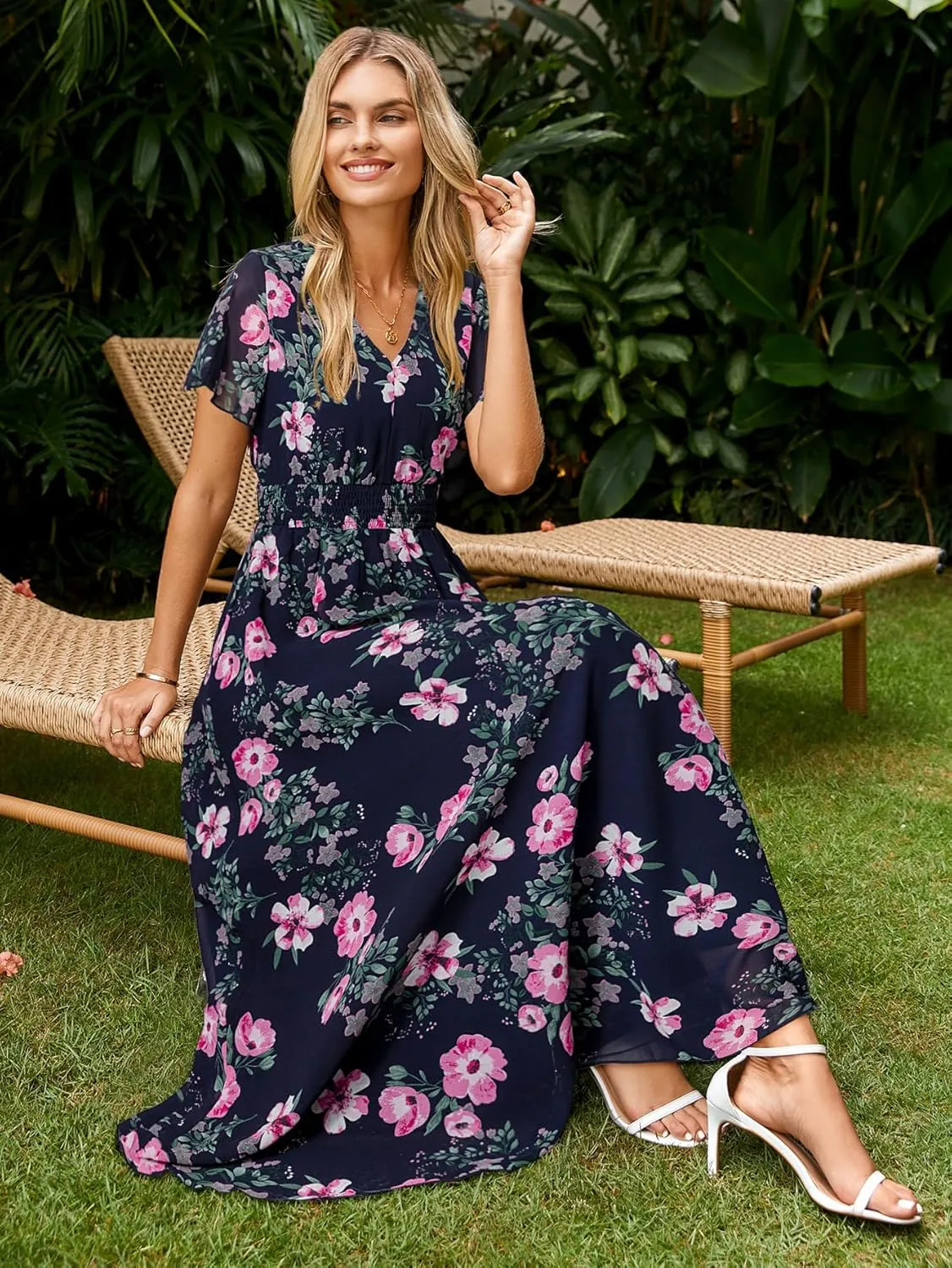 Simplee Womens Floral Maxi Dress - Short Sleeve Summer Boho Wedding Guest Dress Empire Waist Chiffon Modest Midi Dresses