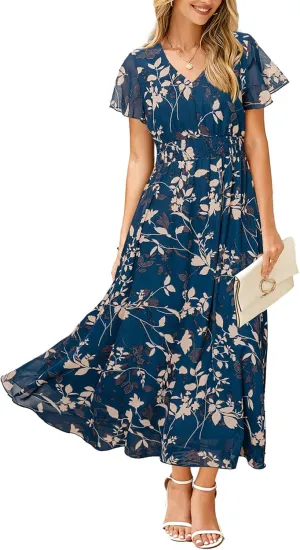 Simplee Womens Floral Maxi Dress - Short Sleeve Summer Boho Wedding Guest Dress Empire Waist Chiffon Modest Midi Dresses
