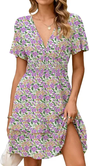 Simplee Womens Floral Mini Dress - Summer Casual Boho V Neck A-Line Empire Waist Vacation Beach Sundress