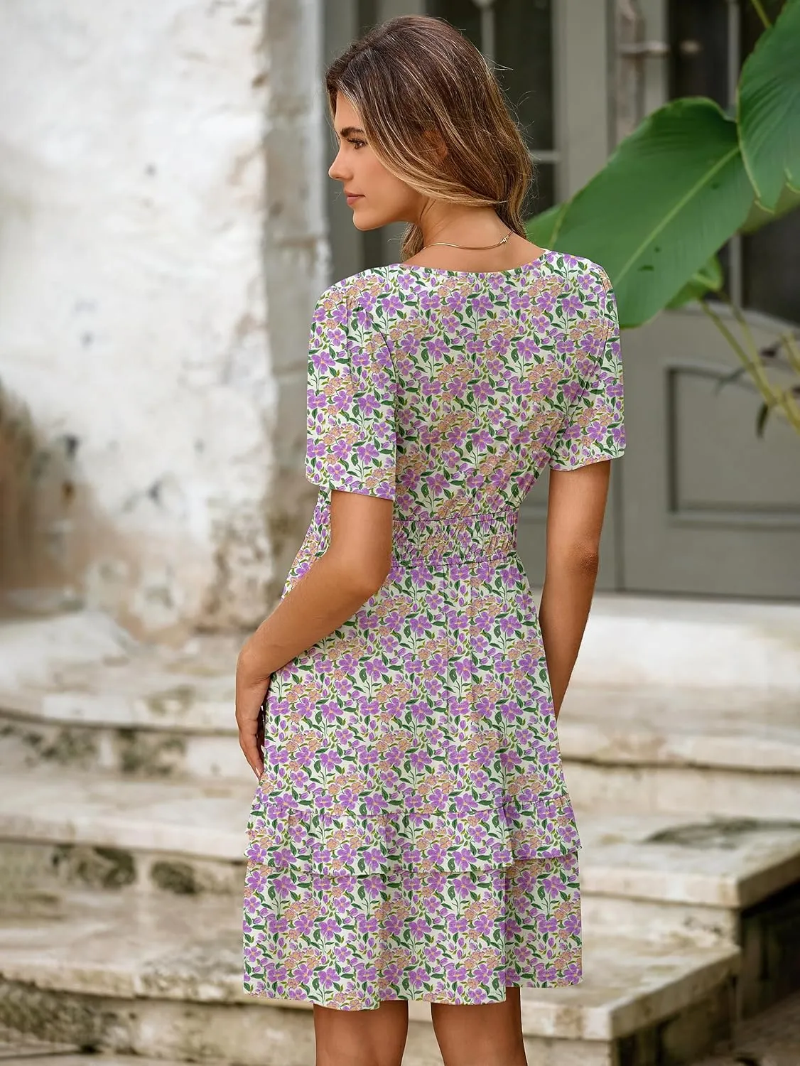 Simplee Womens Floral Mini Dress - Summer Casual Boho V Neck A-Line Empire Waist Vacation Beach Sundress