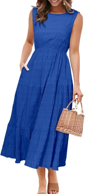 Simplee Women's Summer Casual Sleeveless Crewneck Sundress - A Line Flowy Tiered Midi Dress Long Beach Dresses with Pockets