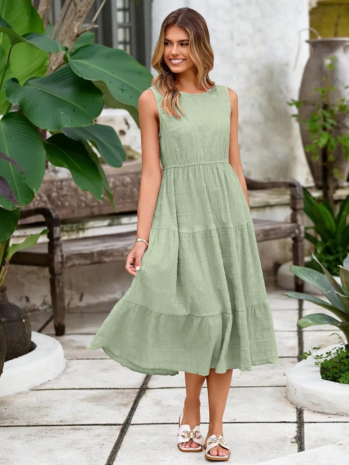 Simplee Women's Summer Casual Sleeveless Crewneck Sundress - A Line Flowy Tiered Midi Dress Long Beach Dresses with Pockets