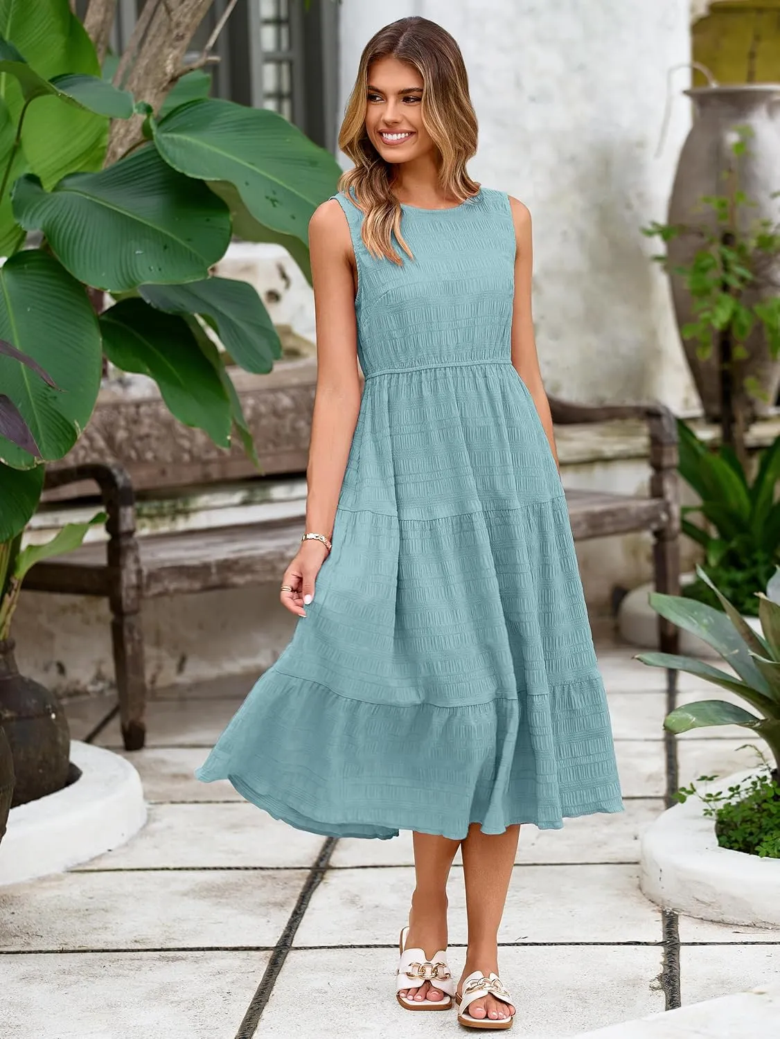 Simplee Women's Summer Casual Sleeveless Crewneck Sundress - A Line Flowy Tiered Midi Dress Long Beach Dresses with Pockets