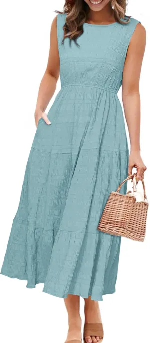 Simplee Women's Summer Casual Sleeveless Crewneck Sundress - A Line Flowy Tiered Midi Dress Long Beach Dresses with Pockets
