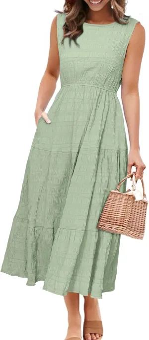 Simplee Women's Summer Casual Sleeveless Crewneck Sundress - A Line Flowy Tiered Midi Dress Long Beach Dresses with Pockets
