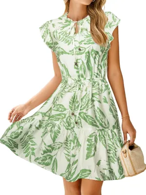 Simplee Womens Summer Dress 2025 Ruffle Short Sleeve Floral Boho Dress V Neck A-line Drawstring Mini Dress with Pockets