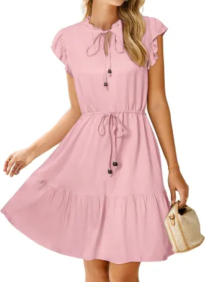Simplee Womens Summer Dress 2025 Ruffle Short Sleeve Floral Boho Dress V Neck A-line Drawstring Mini Dress with Pockets
