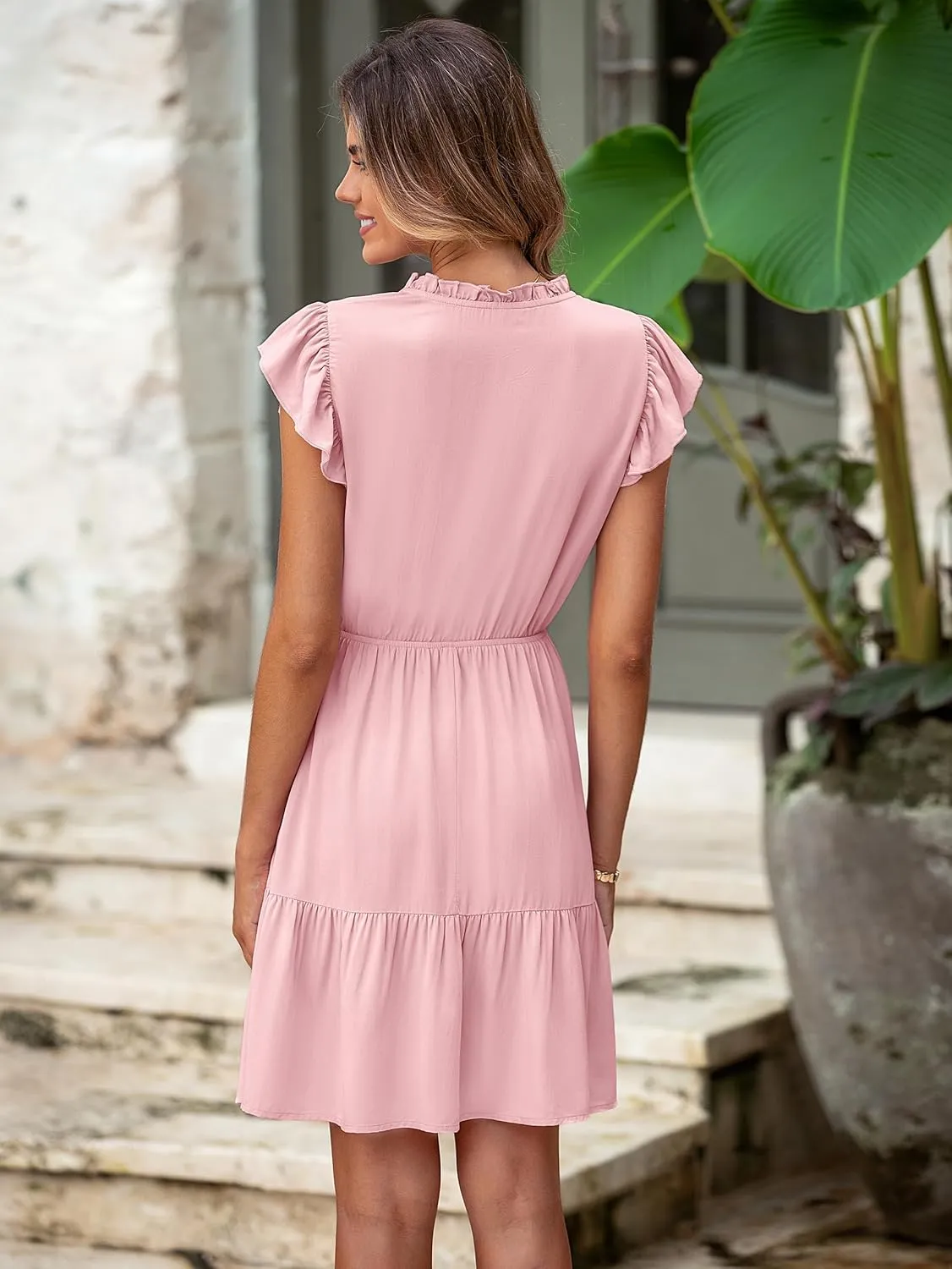 Simplee Womens Summer Dress 2025 Ruffle Short Sleeve Floral Boho Dress V Neck A-line Drawstring Mini Dress with Pockets