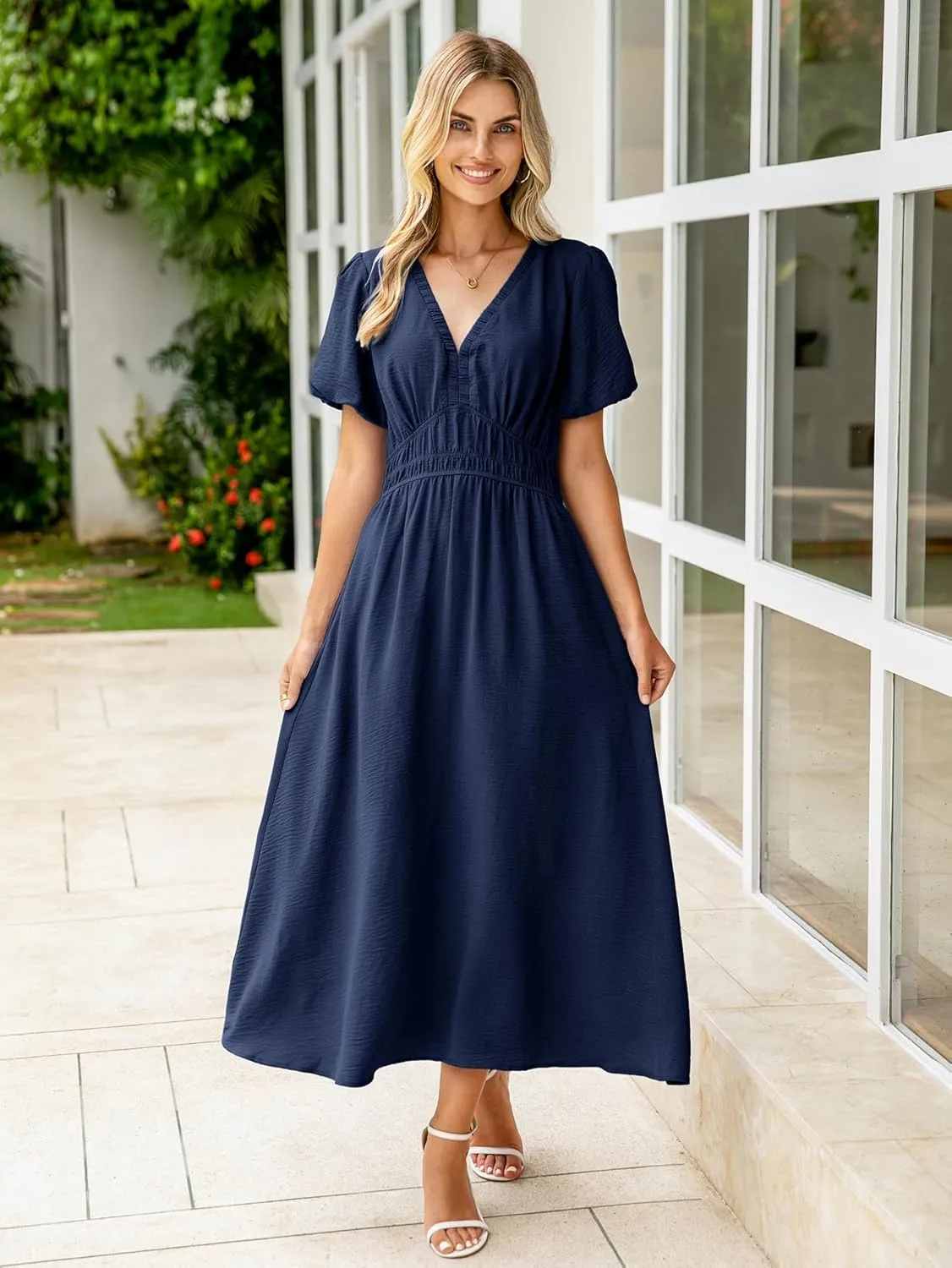 Simplee Women's Summer Flowy Midi Dress Casual V Neck Short Sleeve Empire Waist Boho Beach Dress Wedding Guest Maxi Dress