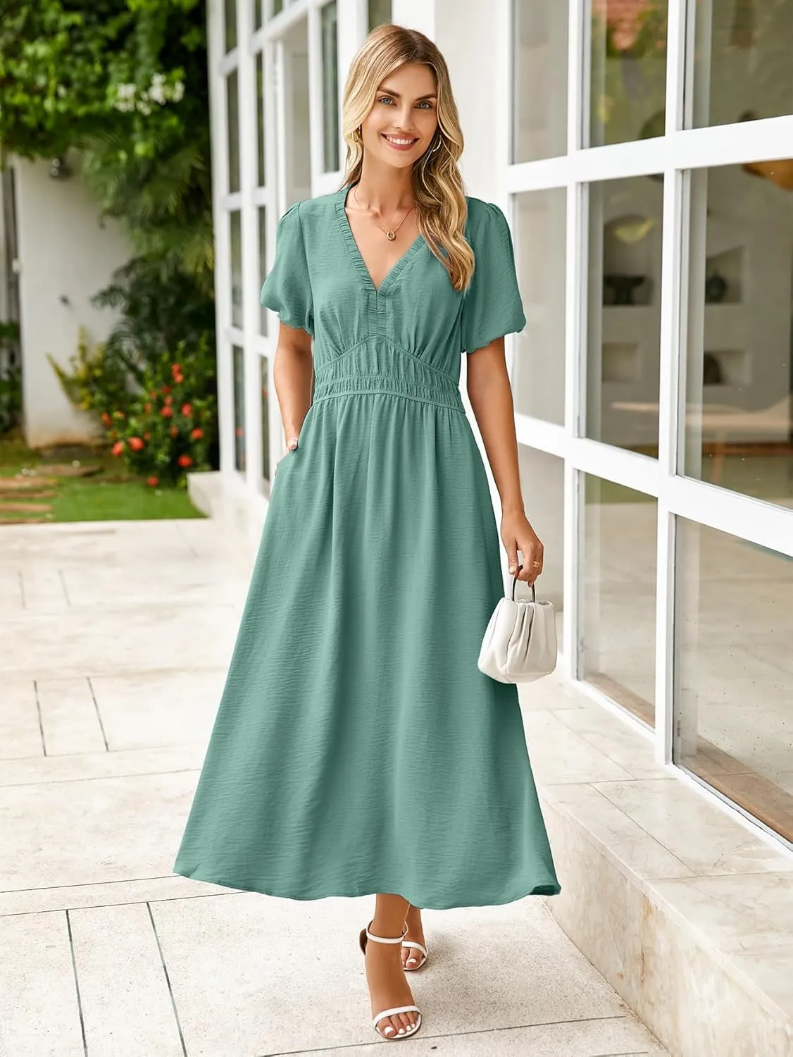 Simplee Women's Summer Flowy Midi Dress Casual V Neck Short Sleeve Empire Waist Boho Beach Dress Wedding Guest Maxi Dress