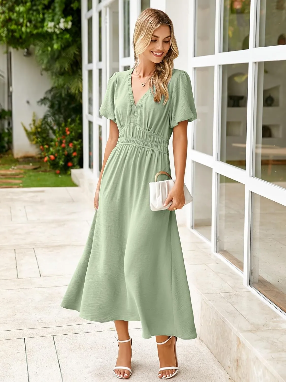 Simplee Women's Summer Flowy Midi Dress Casual V Neck Short Sleeve Empire Waist Boho Beach Dress Wedding Guest Maxi Dress