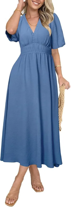 Simplee Women's Summer Flowy Midi Dress Casual V Neck Short Sleeve Empire Waist Boho Beach Dress Wedding Guest Maxi Dress