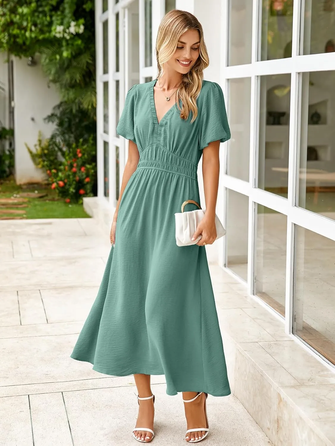 Simplee Women's Summer Flowy Midi Dress Casual V Neck Short Sleeve Empire Waist Boho Beach Dress Wedding Guest Maxi Dress