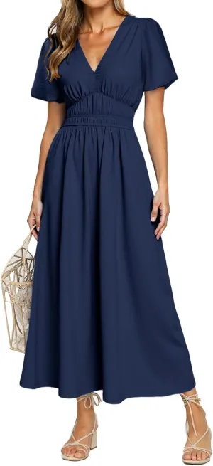 Simplee Women's Summer Flowy Midi Dress Casual V Neck Short Sleeve Empire Waist Boho Beach Dress Wedding Guest Maxi Dress