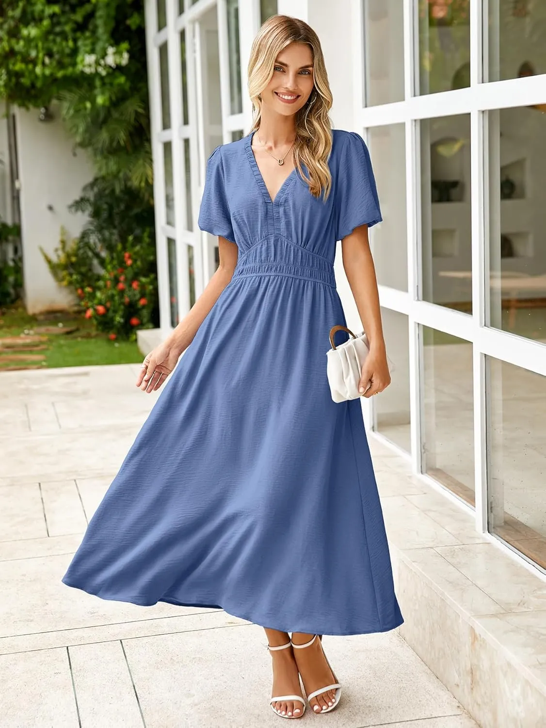 Simplee Women's Summer Flowy Midi Dress Casual V Neck Short Sleeve Empire Waist Boho Beach Dress Wedding Guest Maxi Dress