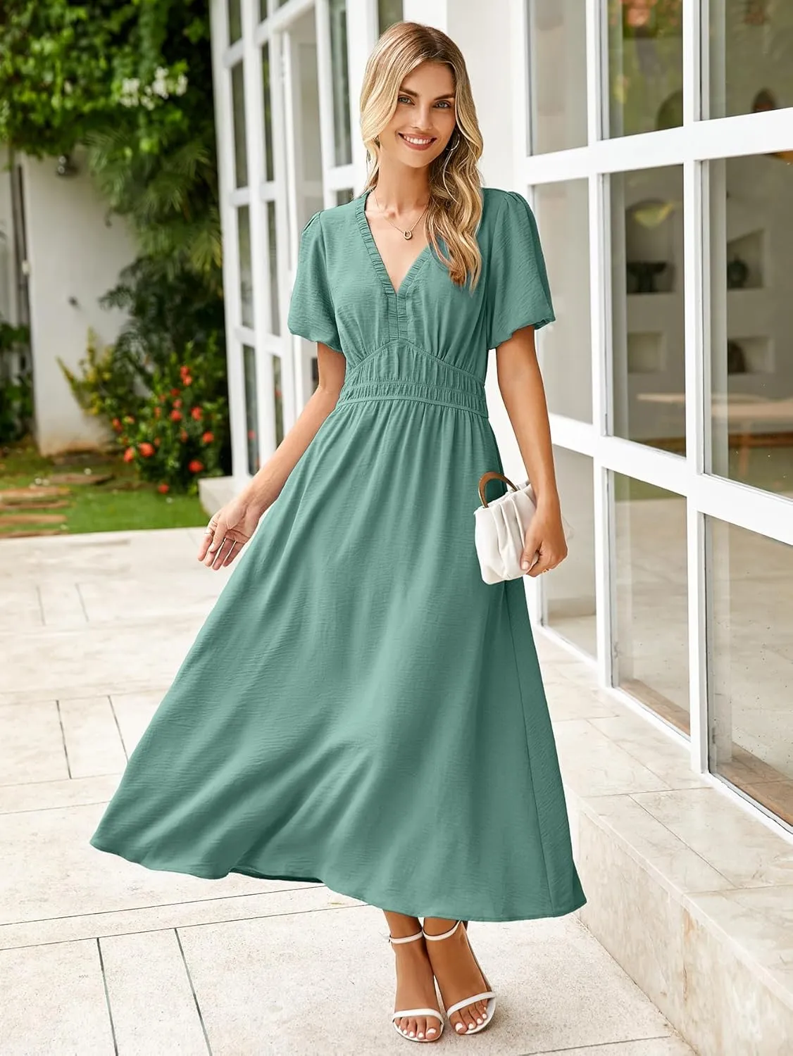 Simplee Women's Summer Flowy Midi Dress Casual V Neck Short Sleeve Empire Waist Boho Beach Dress Wedding Guest Maxi Dress