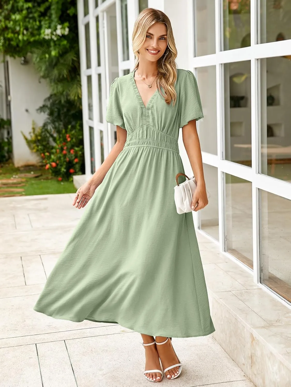 Simplee Women's Summer Flowy Midi Dress Casual V Neck Short Sleeve Empire Waist Boho Beach Dress Wedding Guest Maxi Dress
