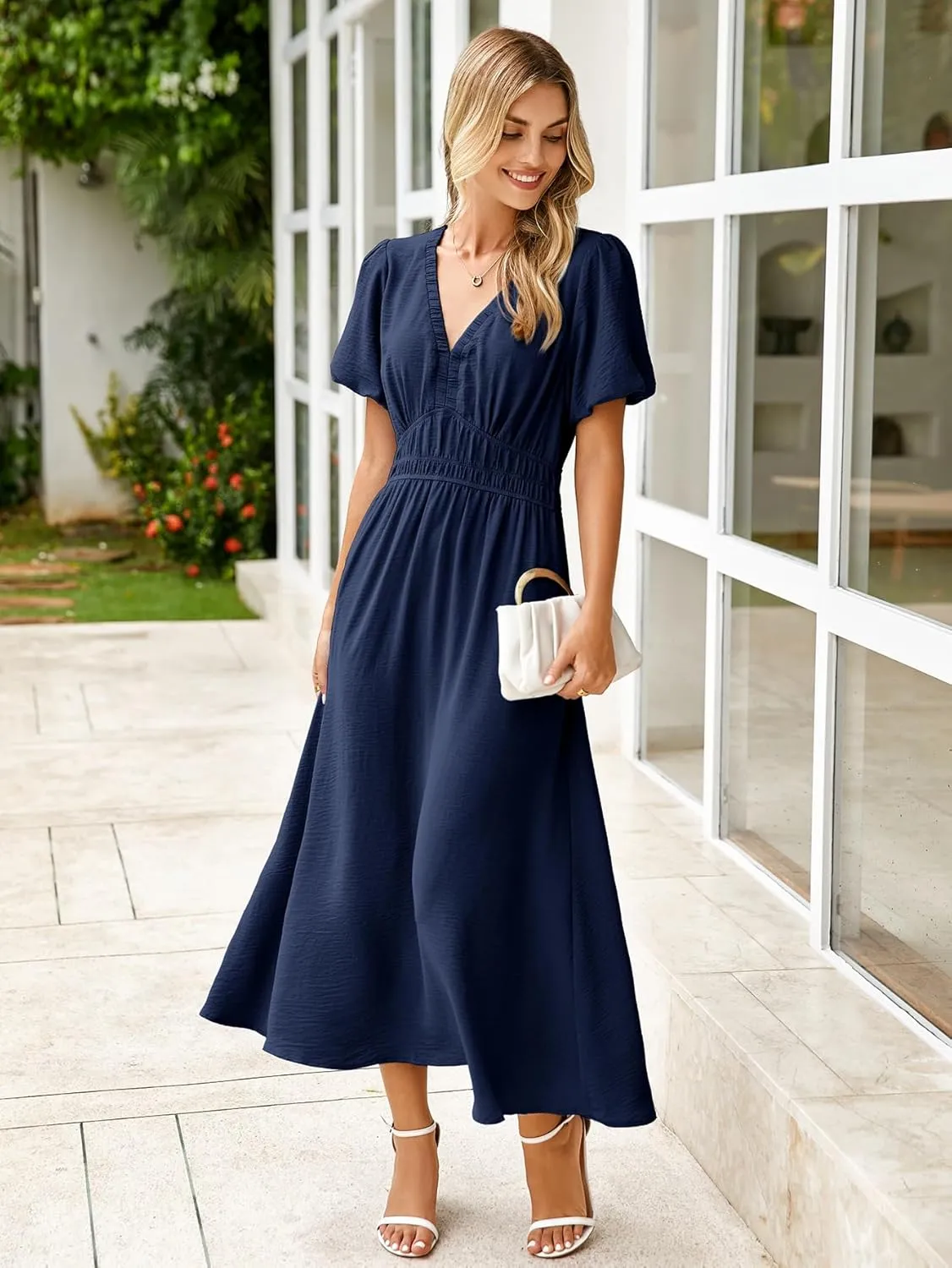 Simplee Women's Summer Flowy Midi Dress Casual V Neck Short Sleeve Empire Waist Boho Beach Dress Wedding Guest Maxi Dress