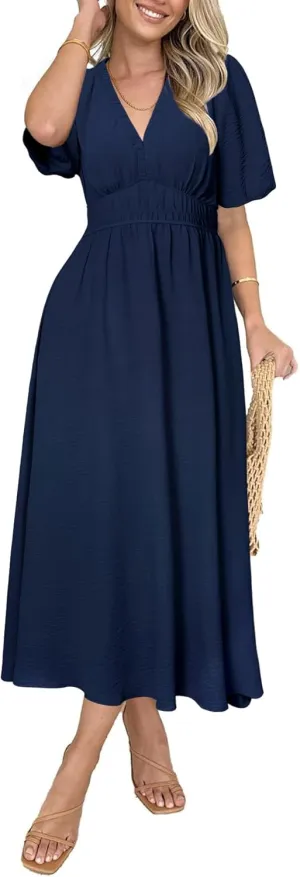 Simplee Women's Summer Flowy Midi Dress Casual V Neck Short Sleeve Empire Waist Boho Beach Dress Wedding Guest Maxi Dress