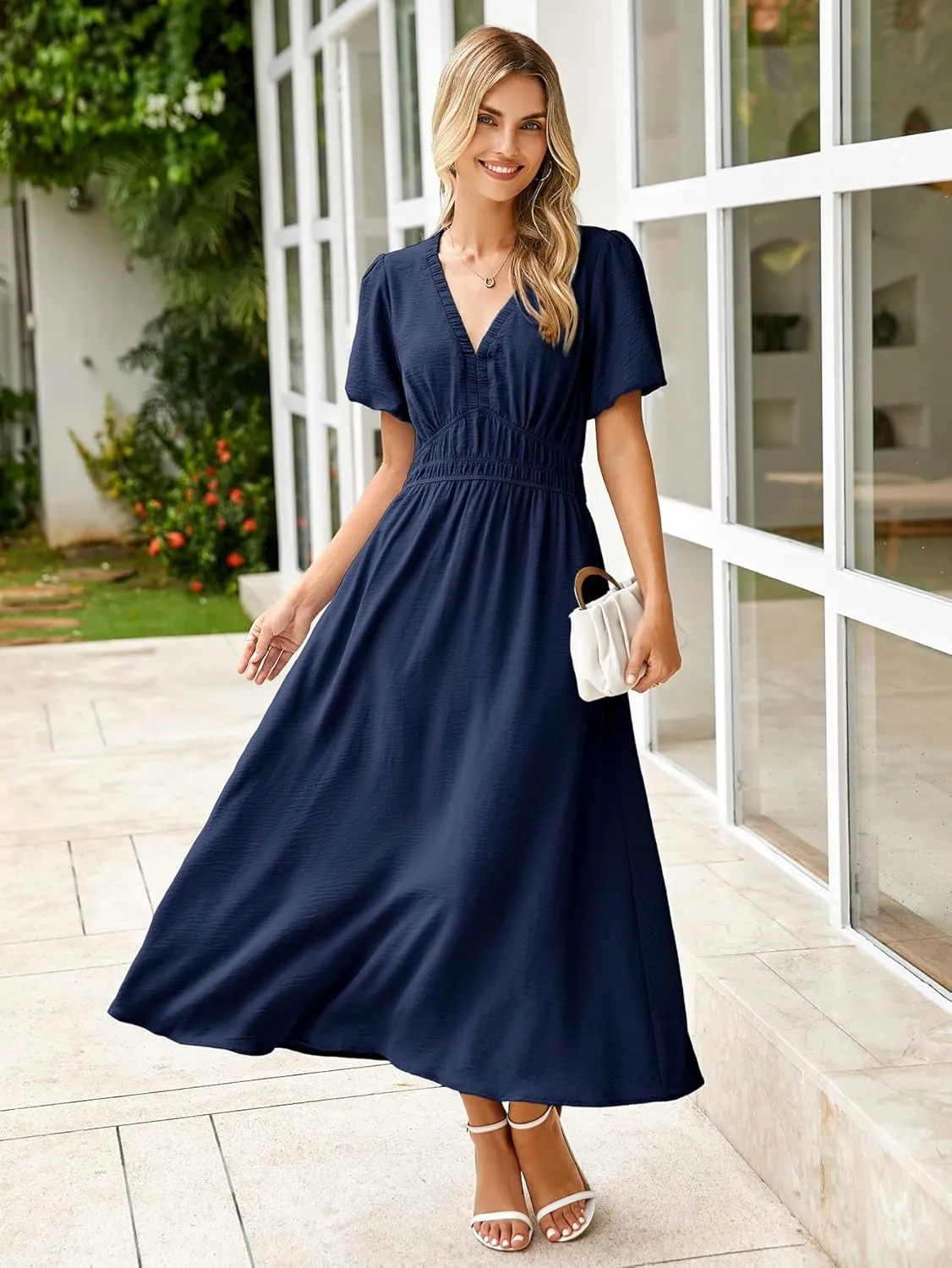 Simplee Women's Summer Flowy Midi Dress Casual V Neck Short Sleeve Empire Waist Boho Beach Dress Wedding Guest Maxi Dress