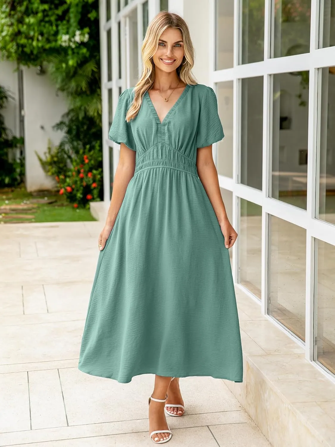 Simplee Women's Summer Flowy Midi Dress Casual V Neck Short Sleeve Empire Waist Boho Beach Dress Wedding Guest Maxi Dress