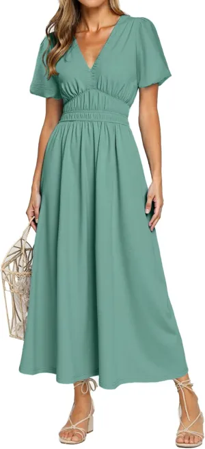 Simplee Women's Summer Flowy Midi Dress Casual V Neck Short Sleeve Empire Waist Boho Beach Dress Wedding Guest Maxi Dress