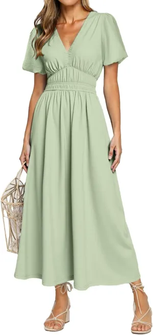 Simplee Women's Summer Flowy Midi Dress Casual V Neck Short Sleeve Empire Waist Boho Beach Dress Wedding Guest Maxi Dress